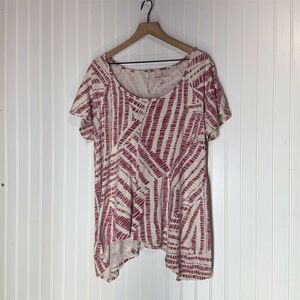 Woman Within L 18/20 Red Ivory Abstract High-Low Tunic Top Boho Asymmetrical